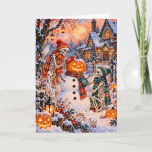 Cartão De Festividades Skeletons Construindo Boneco de Neve de Abóbora Cr