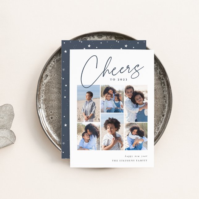 Cartão De Festividades Sketched Cursive 6 Photo Collage New Year (Criador carregado)