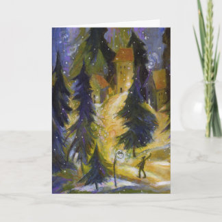 Cartão De Festividades Skier Winter Village Night Card