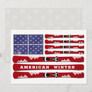 Cartão De Festividades Skis e Snowflakes USA Flag para o inverno
