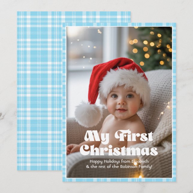 Cartão De Festividades Sky Blue Gingham Meu Primeiro Bebê de Natal (Frente/Verso)
