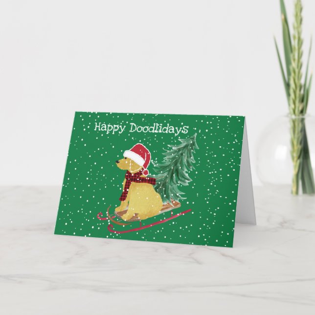 Cartão De Festividades Sled de Natal Personalizado de Goldendoodle (Frente)