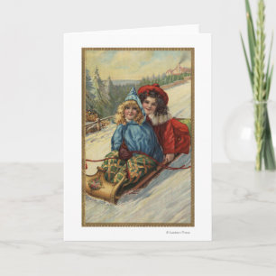 Cartão De Festividades Sledding das meninas de ChristmasTwo