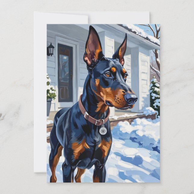 Cartão De Festividades Sleek Doberman Pinscher Modern Winter Snowflake (Frente)