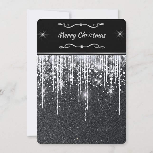 Cartão De Festividades Sleek Minimalist Black Silver Sparkle Christmas (Frente)