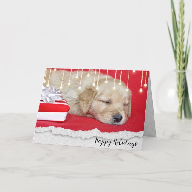 Cartão De Festividades sleeping Christmas Golden Retriever puppy (Frente)