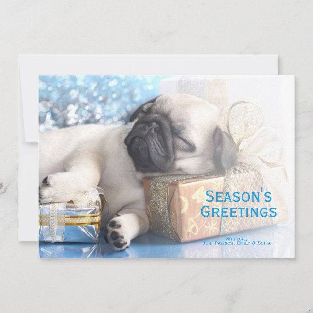 Cartão De Festividades Sleeping  puppy pug and Christmas gifts (Frente)