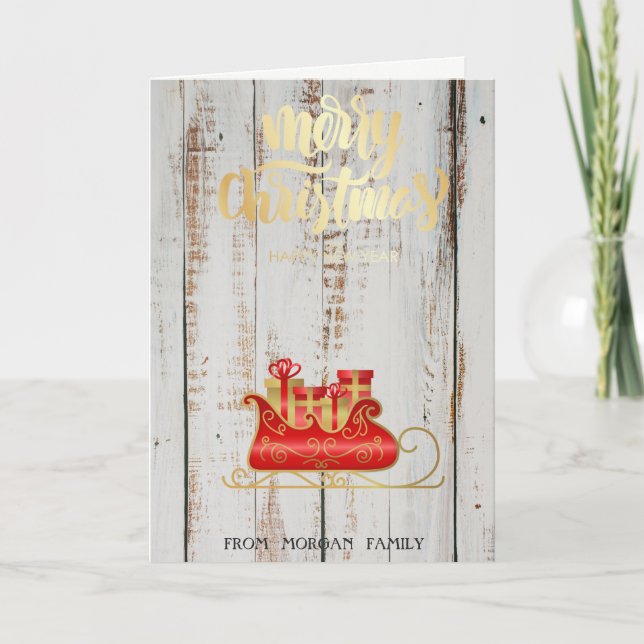 Cartão De Festividades Sleigh Wood Feliz Natal (Frente)