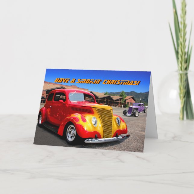 Cartão De Festividades Smokin' flame-red hot rod car Christmas card (Frente)