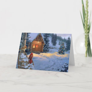 Cartão De Festividades Snow Cabin With Christmas Birds