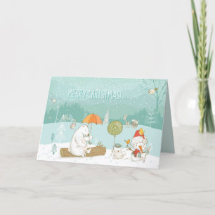 Cartão De Festividades Snow Landscape Bears and Snowman Pastel