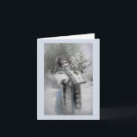 Cartão De Festividades Snow Queen - Card (Customize)<br><div class="desc">Digitally manipulated vintage image,  2009.  A composite image of a woman in a fur wrap created from a photograph and holly bouqet graphic,  both circa 1920.</div>
