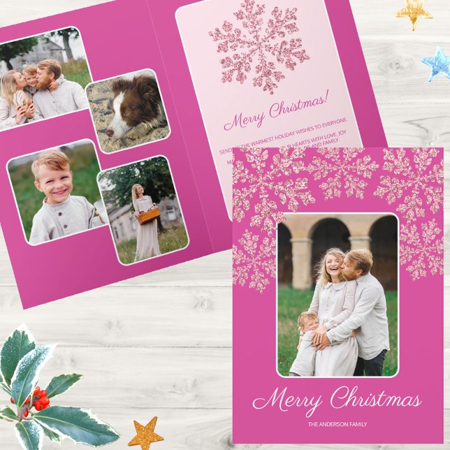 Cartão De Festividades Snowflake Berry Bling Trendy Script Chic 5 Foto (Personalized 5 photo greeting cards in deep berry pink with faux glitter snowflakes)