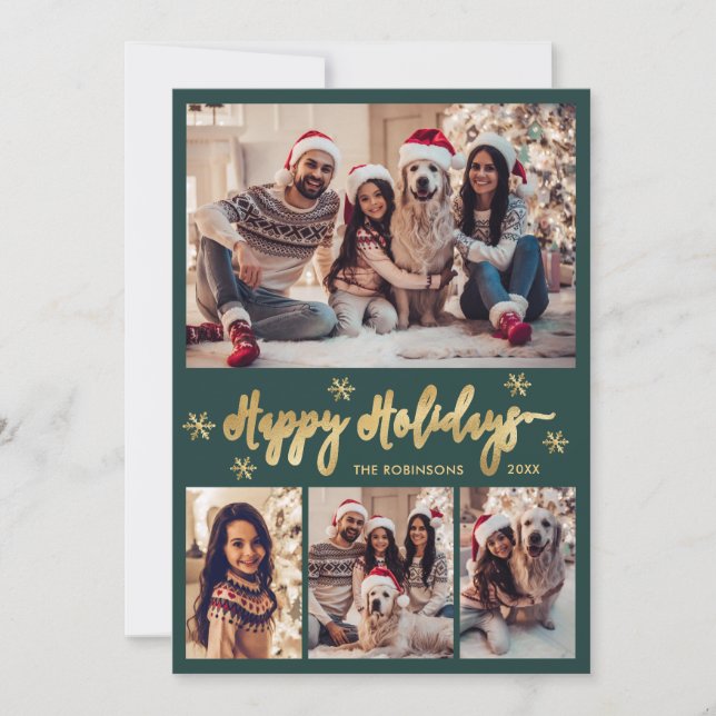 Cartão De Festividades Snowflake Green and Gold 5 Photo Collage Happy  (Frente)
