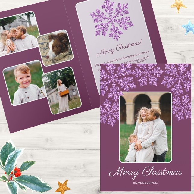 Cartão De Festividades Snowflake Plum Bling Trendy Script Chic 5 Foto (Deep plum purple and faux purple snowflakes will make your 5 photos Christmas cards SO fun )