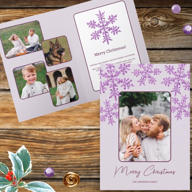 Cartão De Festividades Snowflake Purple Glam Trendy Script Chic 5 Foto (Your five photos and text will make these faux purple glitter snowflake Christmas cards unique)