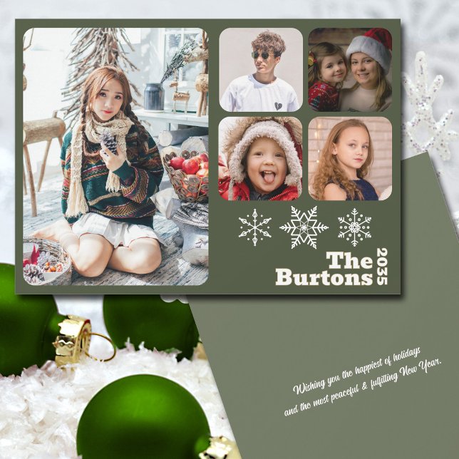 Cartão De Festividades Snowflake Sage Green - Várias Fotografias de Natal (Multi-photo greeting card with a simple modern  holiday design  that will let your fave pics shine.)