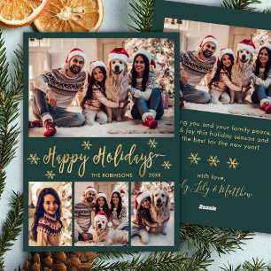 Cartão De Festividades Snowflake Verde e Dourado 5 Colagem de Fotos Feliz