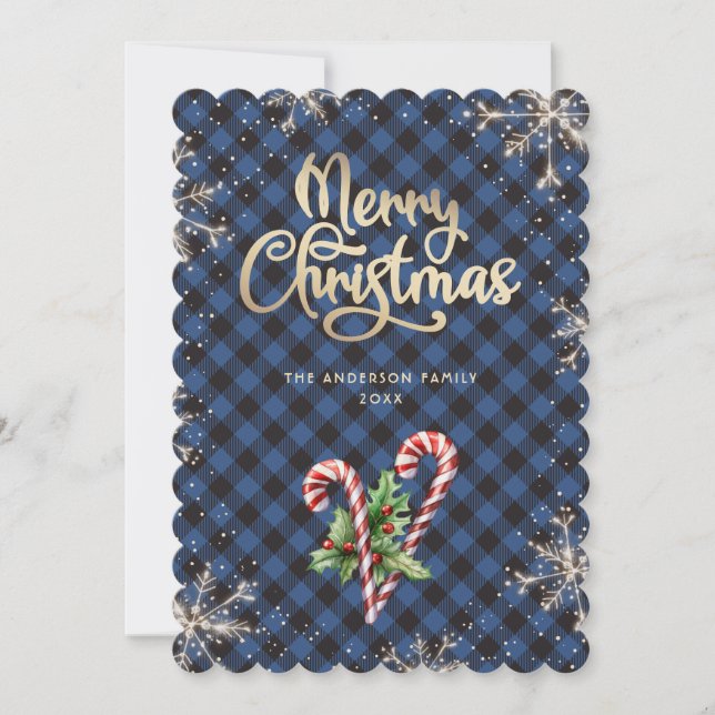 Cartão De Festividades Snowflakes Candy Cane Blue Plaid Christmas Card (Frente)