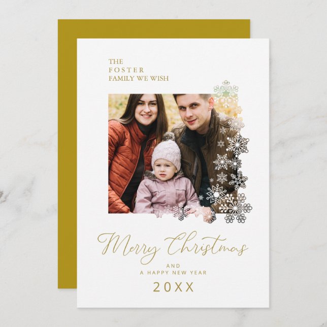 Cartão De Festividades Snowflakes Frame Modern Elegant Chic Christmas Pic (Frente/Verso)
