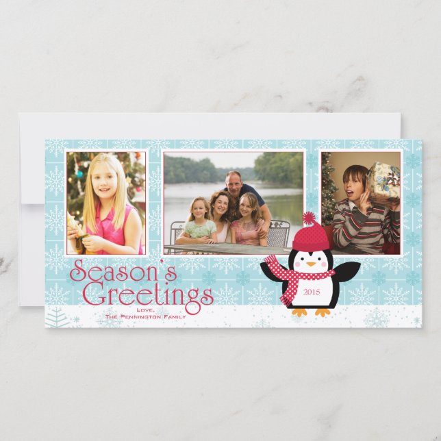 Cartão De Festividades Snowflakes saudações da temporada dos pinguins 3 c (Frente)