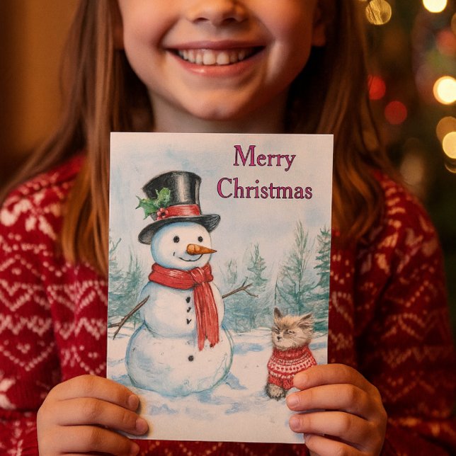 Cartão De Festividades Snowman  and Cat Merry Christmas Kids  (A delightful Christmas snowman card, ideal for children.)