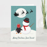 Cartão De Festividades Snowman and Penguin Watch Santa’s Sleigh<br><div class="desc">A snowman and penguin watch Santa’s sleigh on a snowy winter’s night. Give your friend this really sweet Christmas card. Design © 2015 Julia Bryant.</div>