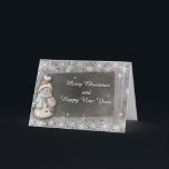 Cartão De Festividades Snowman Chalkboard New Year Christmas Card<br><div class="desc">Charming Christmas greeting card features a snowflake silver background with a snowman next to a chalkboard. Front text reads: Merry Christmas and Happy New Year. Inside card reads : Here’s a wish for peace and happiness at Christmas and throughout the New Year. All our products can be custom designed to...</div>