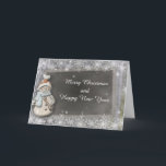 Cartão De Festividades Snowman Chalkboard New Year Christmas Card<br><div class="desc">Charming Christmas greeting card features a snowflake silver background with a snowman next to a chalkboard. Front text reads: Merry Christmas and Happy New Year. Inside card reads : Here’s a wish for peace and happiness at Christmas and throughout the New Year. All our products can be custom designed to...</div>