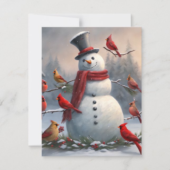 Cartão De Festividades Snowman com Cardinais Vermelhos Snowy (Frente)