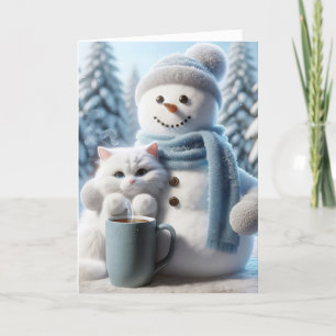 Cartão De Festividades Snowman De Natal E Gato Branco