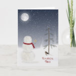 Cartão De Festividades Snowman de Natal para a sobrinha<br><div class="desc">Homem de neve com estrela dourada para pinheiros debaixo de uma lua de cheio.</div>
