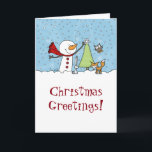Cartão De Festividades Snowman Decora Árvore com Criaturas de Woodland<br><div class="desc">Um bonitinho bonitinho em uma área de neve chega ao topo de um pinheiro pequeno para colocar um floco de neve em cima. Os animais de floresta constituídos por coruja, raposa e coelho olham nesta cena de inverno. Personalize esta design de Natal como quiser. Design original de Christie Black of...</div>
