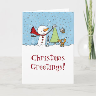 Cartão De Festividades Snowman Decora Árvore com Criaturas de Woodland