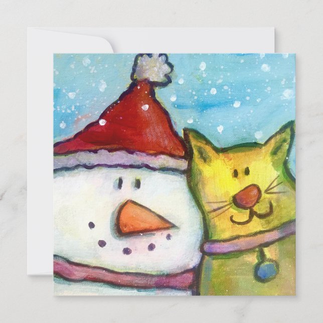 Cartão De Festividades Snowman e Cat Holiday Card (Frente)