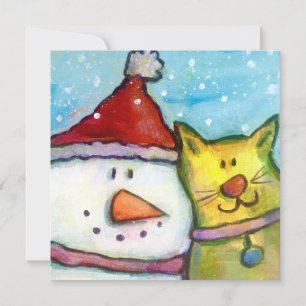 Cartão De Festividades Snowman e Cat Holiday Card