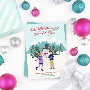 Cartão De Festividades Snowman e Crianças Ilustrados, sem Foto