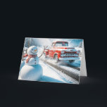 Cartão De Festividades Snowman e Red Retro Truck de Natal<br><div class="desc">Um bonitão está ao lado de uma estrada como um caminhão vermelho vintage passa por uma paisagem nevada de um negócio para um cliente. Todo o texto pode ser alterado.</div>
