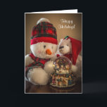 Cartão De Festividades Snowman e Urso com Snowglobe<br><div class="desc">uma imagem de um boneco de neve recheado e um urso com um globo de neve dentro deles. O boneco de neve tem um boné de esqui vermelho de tartan ou xadrez, e o urso tem um chapéu vermelho de santa.</div>