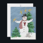 Cartão De Festividades Snowman em Tophat diz Welcome Christmas Holiday C<br><div class="desc">Aqui está meu sorridente Snowman, empoleirado (ou em pé, ajustado, laminado, construído, ou colocado, ou desenhado) numa pequena colina de neve em frente a um grande pinheiro verde. Acima dele no céu noturno estão quatro estrelas. Ele tem um coração no cheque e é mantido lá na floresta por coelho. Com...</div>
