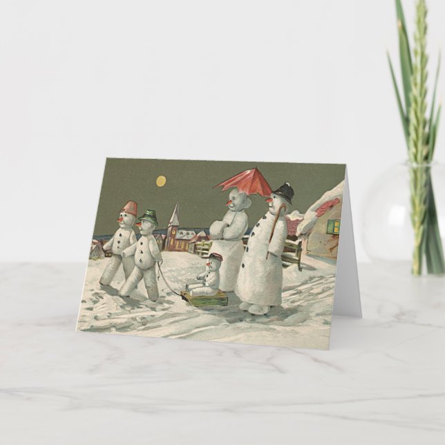 Cartão De Festividades Snowman Family Winter Tocando Neve Church (Frente)