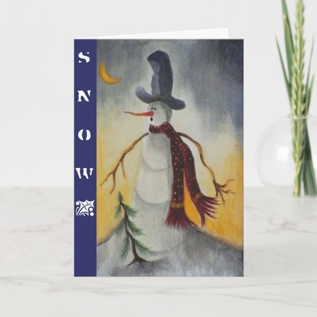 Cartão De Festividades Snowman - Folk Art Primitivo (Frente)