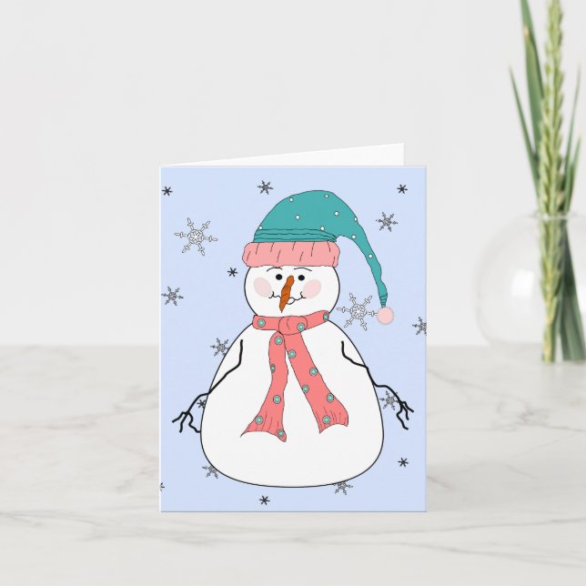 Cartão De Festividades Snowman, nevando neve primitiva (Frente)