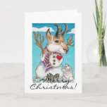 Cartão De Festividades Snowman Pronghorn Antelope and Bunny<br><div class="desc">This whimsical scene is from an ACEO that is sold and is in a private art collection. I left the inside of the card blank. Feel free to create a special message inside, just for your friends and loved ones! (The 'Merry Christmas' on the front can also be changed or...</div>