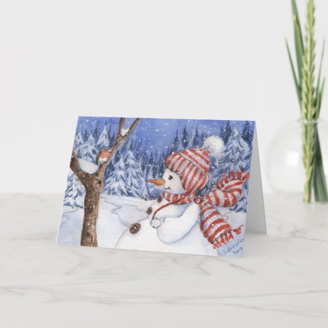 Cartão De Festividades Snowman & Robin Holiday Card (Frente)