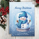 Cartão De Festividades Snowman Snowglobe Blue White Feliz Natal<br><div class="desc">"Feliz Natal" - um cartão de saudação de Natal personalizável com um bonitinho dentro de bonitinho de neve num fundo azul macio. Personalize com seu nome de família e qualquer outro texto escolhido.</div>