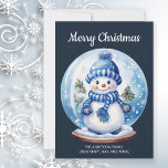 Cartão De Festividades Snowman Snowglobe Marinho Azul Branco Feliz Natal<br><div class="desc">"Feliz Natal" - cartão de saudação de Natal personalizável com um bonitinho dentro de bonitinho de neve num fundo azul marinho. Personalize com seu nome de família e qualquer outro texto escolhido.</div>