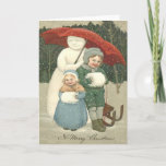 Cartão De Festividades Snowman Umbrella Children Snow Winter<br><div class="desc">These kids are thoroughly enjoying winter. This vintage Christmas print depicts a snowman with an umbrella and children in the snow.</div>