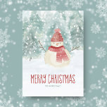 Cartão De Festividades Snowman Watercolor Winter Woodland Christmas<br><div class="desc">Enquanto a aquarela de natal apresenta uma paisagem florestal de inverno,  neve e um bonitinho bonitinho vestindo chapéu e cachecol,  com uma saudação de "Feliz Natal". Trabalho de arte por KL Stock.</div>