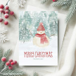 Cartão De Festividades Snowman Watercolor Winter Woodland Christmas<br><div class="desc">Enquanto a aquarela de natal apresenta uma paisagem florestal de inverno,  neve e um bonitinho bonitinho vestindo chapéu e cachecol,  com uma saudação de "Feliz Natal". Trabalho de arte por KL Stock.</div>